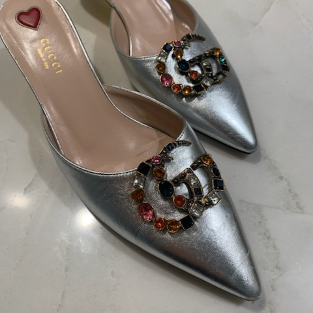 GUCCI - Silver Unia Gg Logo Sandal Mule - Picture 2 of 6